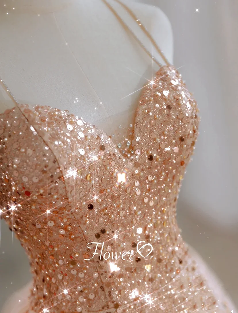 Luxury Evening Dresses Champagne Gold Spaghetti Strap Mermaid Beading Ribbon Seqined Sexy Train Bride Beach Party Prom Gown 2024