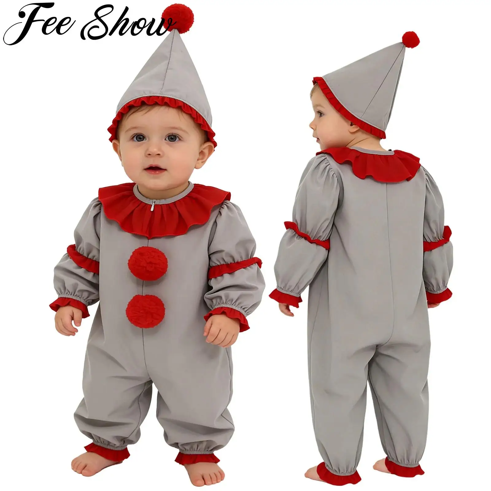 Baby Halloween Gray Clown Creepy Joker Cosplay Costume Long Sleeve Red Pompom Ruffle Rompers with Hat for Carnival Theme Party