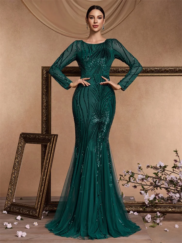 BLUEPLUM eleganti maniche lunghe con paillettes abiti da sera neri da donna di lusso sirena formale damigella d'onore festa maxi abito da cocktail da ballo