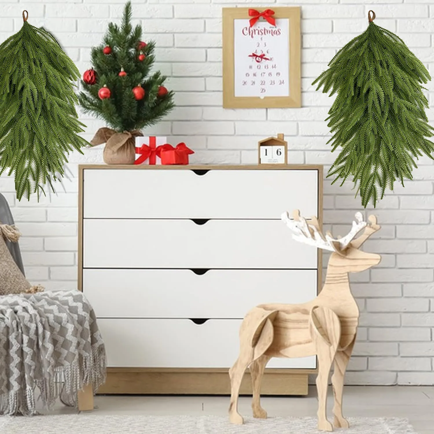 Yannew 2 قطعة عيد الميلاد الاصطناعي نورفولك الصنوبر يتأرجح الأخضر دمعة إكليل للباب الأمامي الموقد درج عباءة ديكور المنزل