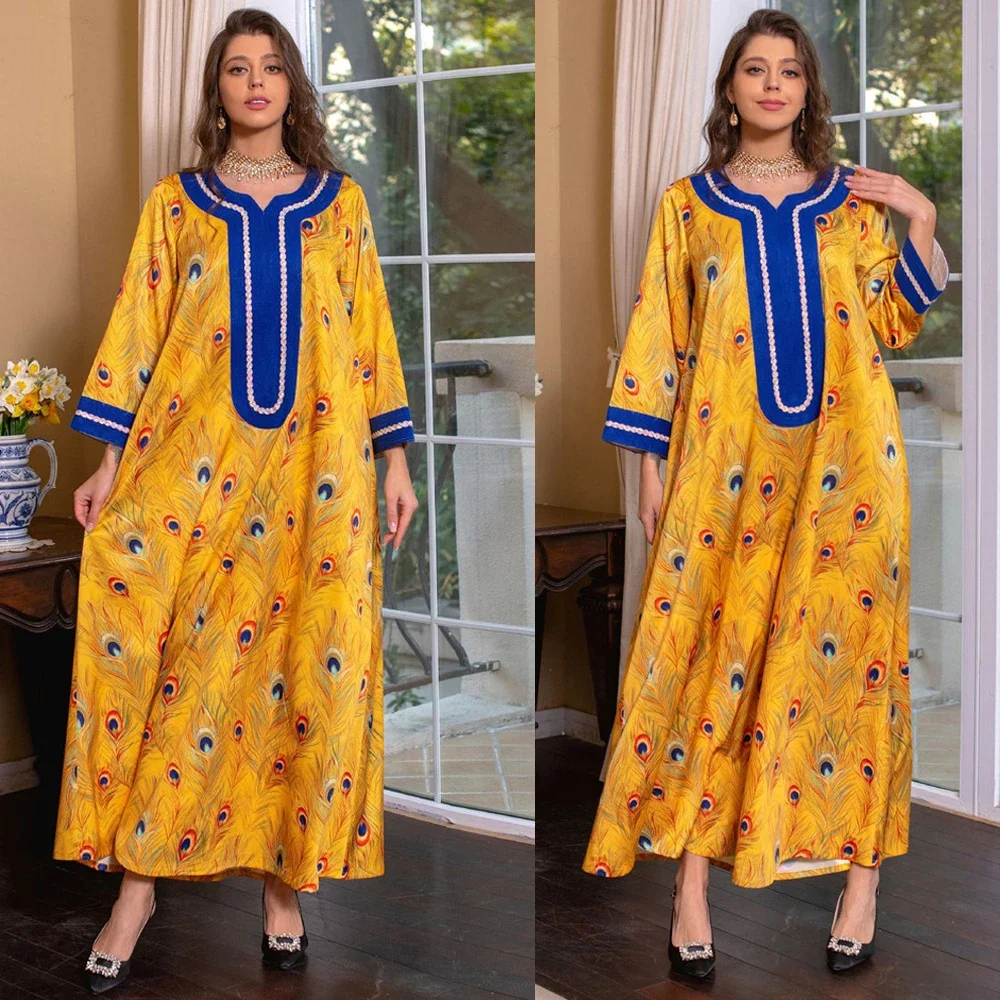 Diamonds Abaya Evening Dresses Women Floral Printed Ramadan Muslim Party Arabic Robe Eid Moroccan Jalabiya Kaftan Dubai Abayas