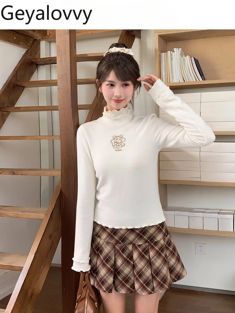 الحلو لطيف نمط بلون المطرزة طويلة الأكمام تي شيرت الخريف الشتاء جديد تنوعا عالية الرقبة قاعدة طبقة القمم للنساء #1