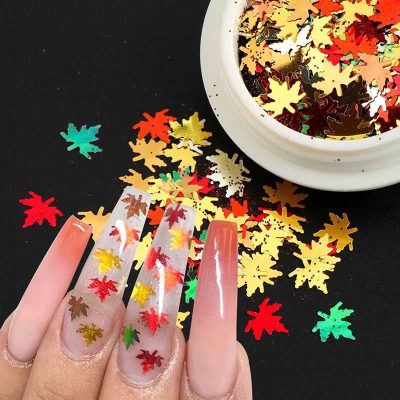 Sparkly Mirror Maple Leaf Nail Glitter Sequins Gold Orange Fall Leaves Y2K Ultra-thin Flakes Autumn Thanksgiving Nail Art Decor