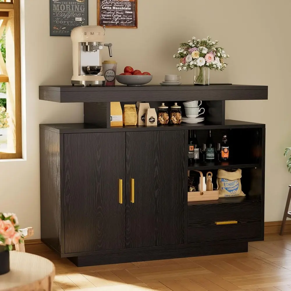

Modern Sideboard with Power Outlet, LED Lighting, and Storage for Coffee Bar or Kitchen, Black