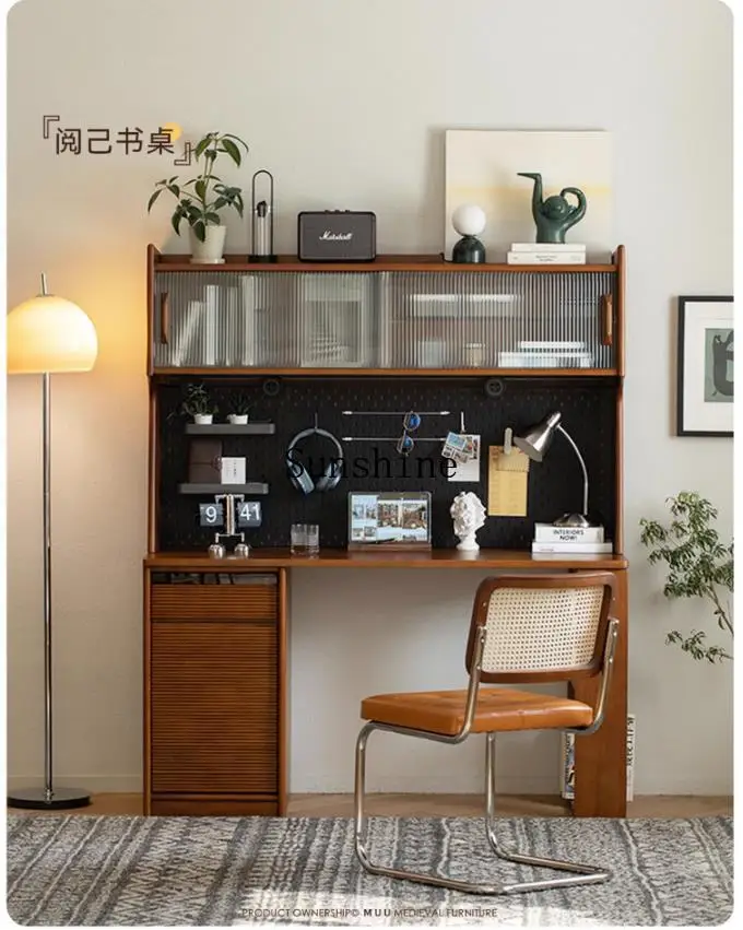 Nordic, solid wood multi-functional learning and writing bookshelf integrated, new Chinese retro