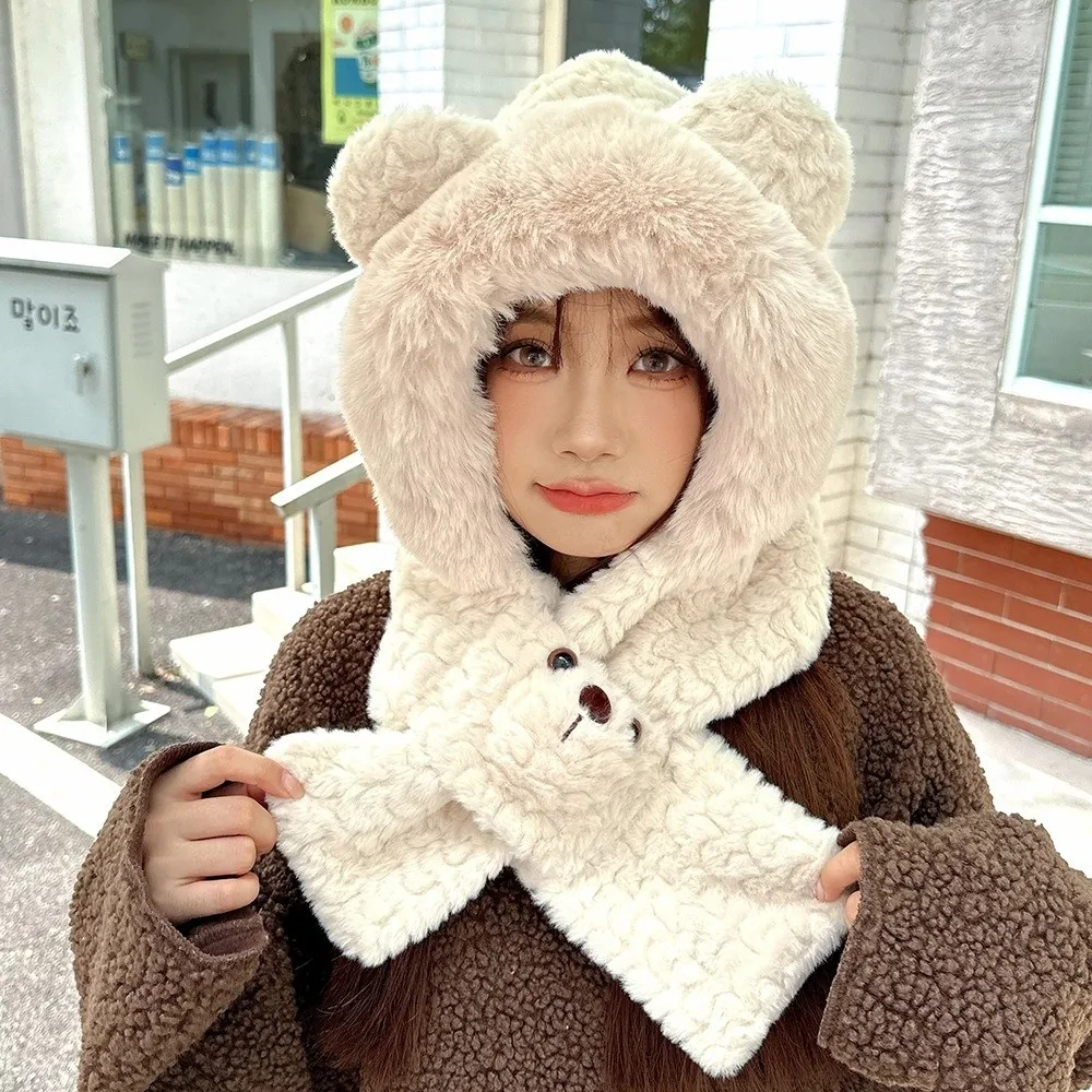 Fashion Cartoon Bear Ear Hat Warm Solid Color 2 in 1 Plush Scarf Windproof Earmuff Winter Neckerchief Ladies
