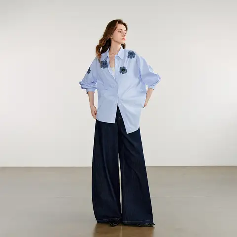 TOYOUTH Women Blouse Shirt 2025 Autumn New Light Blue Striped Denim Flower Embroidery Asymmetric Streetwear Casual Blouse Shirt