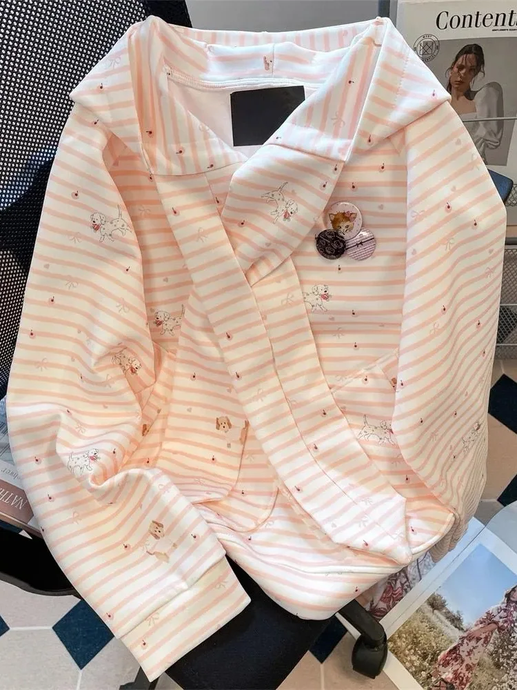 

Cute Cartoon Striped Sweatshirts Women Loose Sweet Kawaii Preppy Style Pullover Vintage Japan Spring Female Lace Up Design Tops