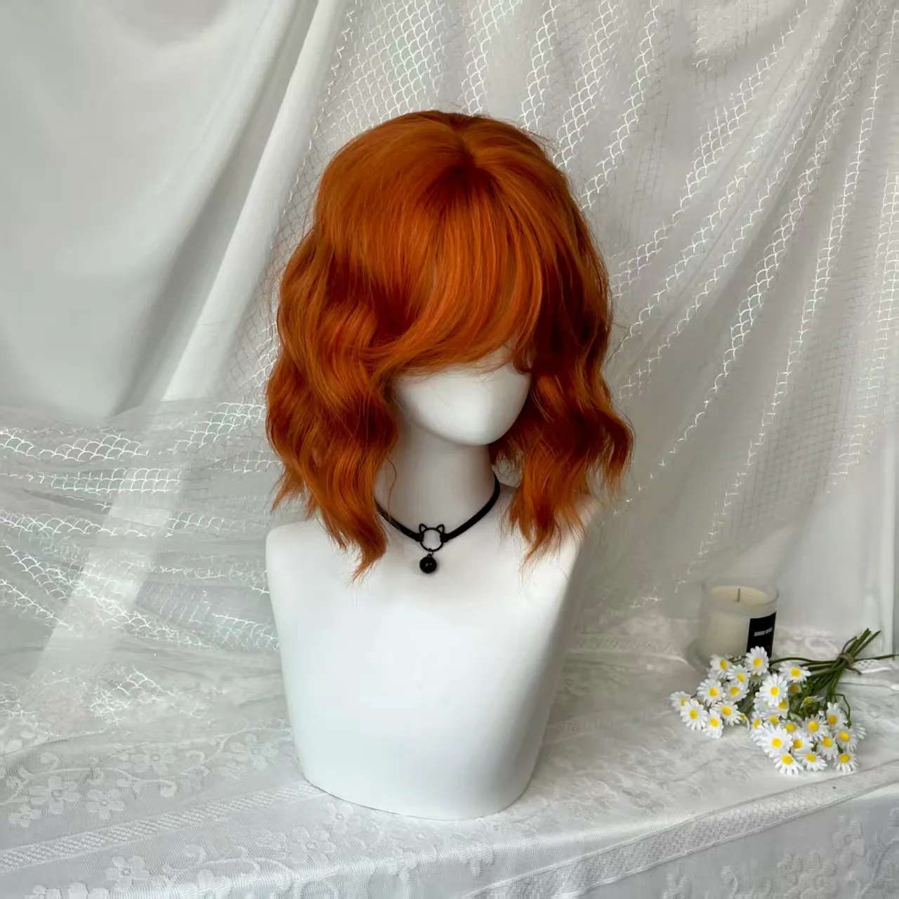 Copper Orange Synthetic Short Wavy Bob Wig Twin Pigtails Air Bangs Cosplay Anime Cute Halloween Party Costume Role Play