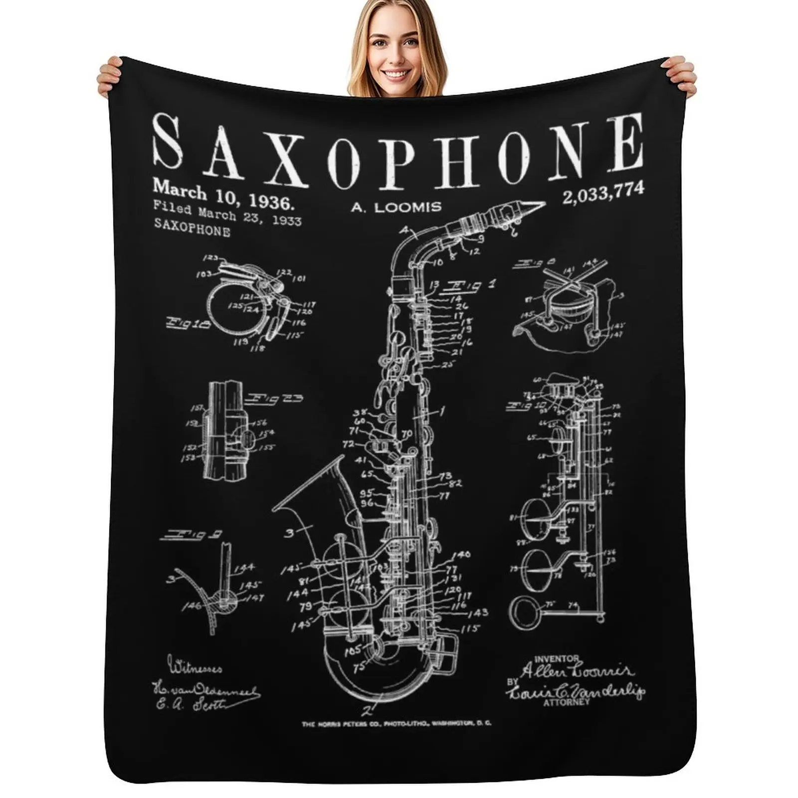 Saxophone Old Vintage Patent Drawing Print Throw Blanket Flannel anime Tourist Vintage Cute Soft Big Blankets
