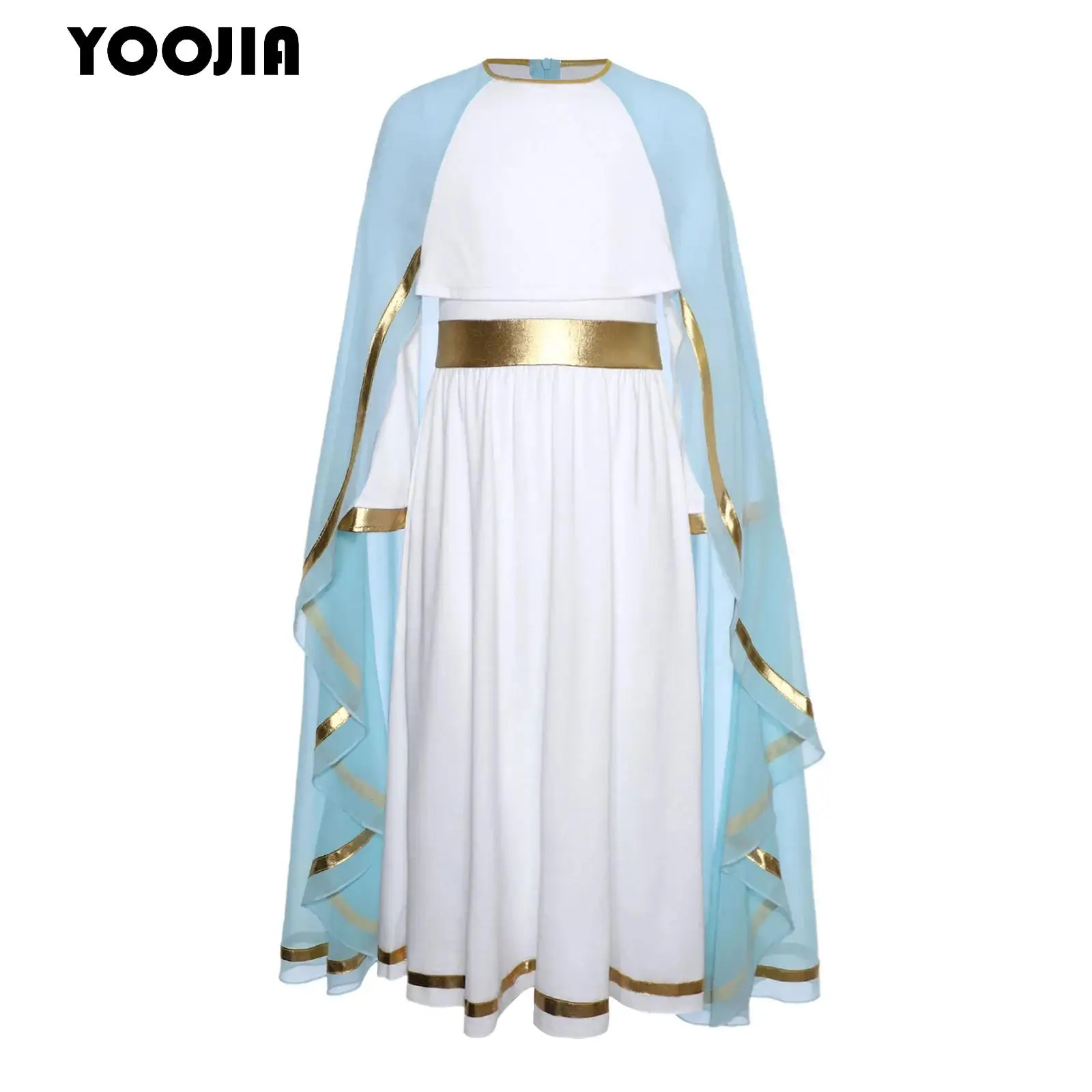 

Kids Halloween Greek Goddess Virgin Mary Costumes Girls Toga Athena Dress Long Sleeve Ruffled Dress and Cape Party Outfits