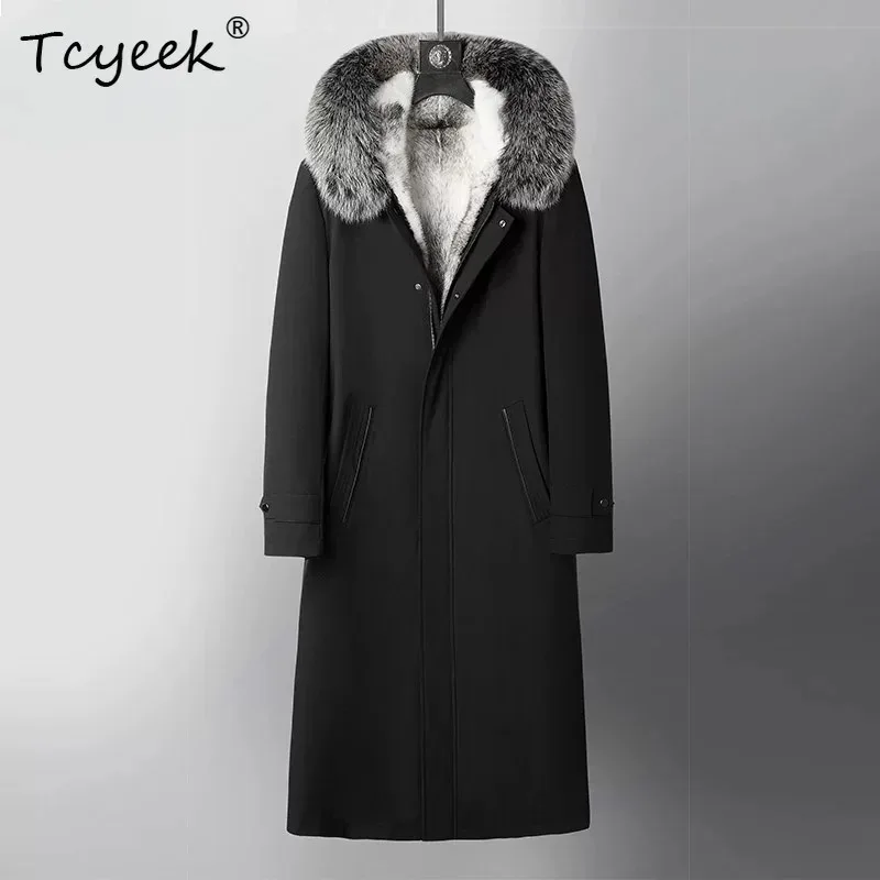 Tcyeek Natural Cross Mink Coat Men Clothes Hoodie Winter Jacket Fox Fur Collar Whole Mink Mens Coats Liner Detachable Long 120cm