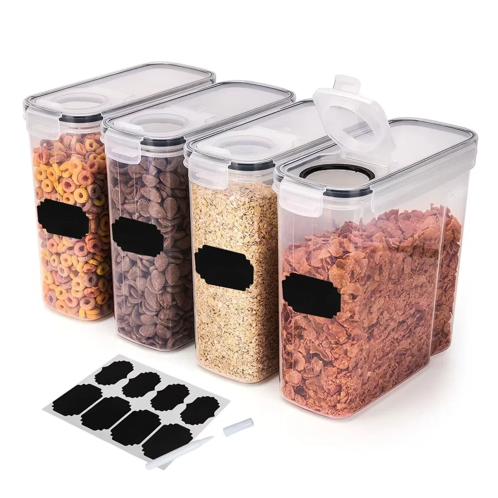 Conteneurs hermétiques de stockage des aliments, 4 pièces, avec couvercle, pot de stockage, distributeur de céréales, organisateur de cuisine, réservoir scellé Transparent