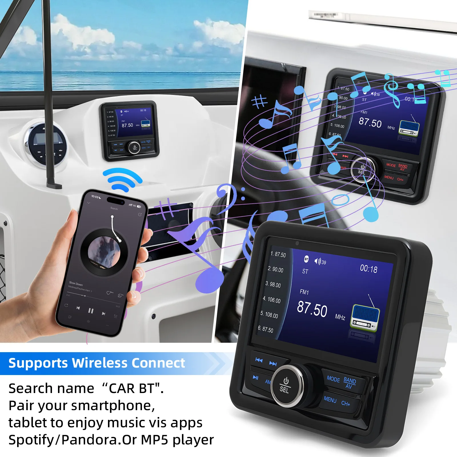 AD 4.3 inci Pemutar Media Audio Digital MP5 Radio Kapal Stereo FM AM RDS Kompatibel dengan Bluetooth IPX5 Tahan Air Untuk RV Kapal Pesiar