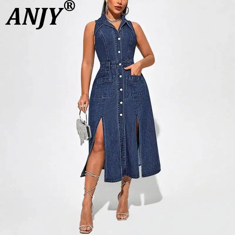 ANJY Summer New Women Fashion Slit Sleeveless Waist-Cinching Single Breasted Denim Dress Niche Washed Vintage Y2K Design A22678