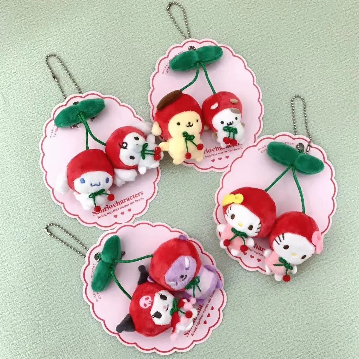 Sanrio Hello Kitty Cross-Dressing Paired Cherry Bead Chain Buckle Plush Keychain Brooch Backpack Pendant Car Key Decoration Gift