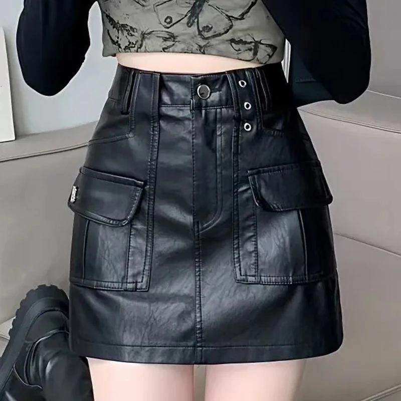 Women Pu Leather Cargo Skirt High Waisted Pocket Black Y2K Skirt Harajuku Street American Vintage Sexy Female Mini Skirt
