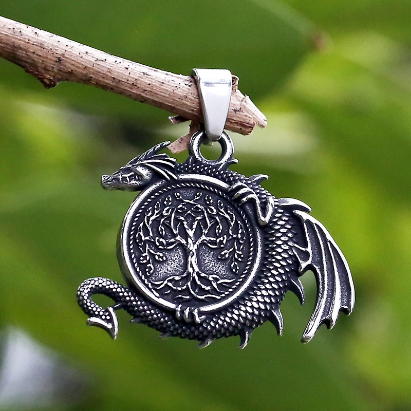 Viking 2022 New Dropshipping Men\'s 316L Stainless Steel Tree of Life With Dargon Pendant Necklace Animal Jewelry Boyfriend Gift