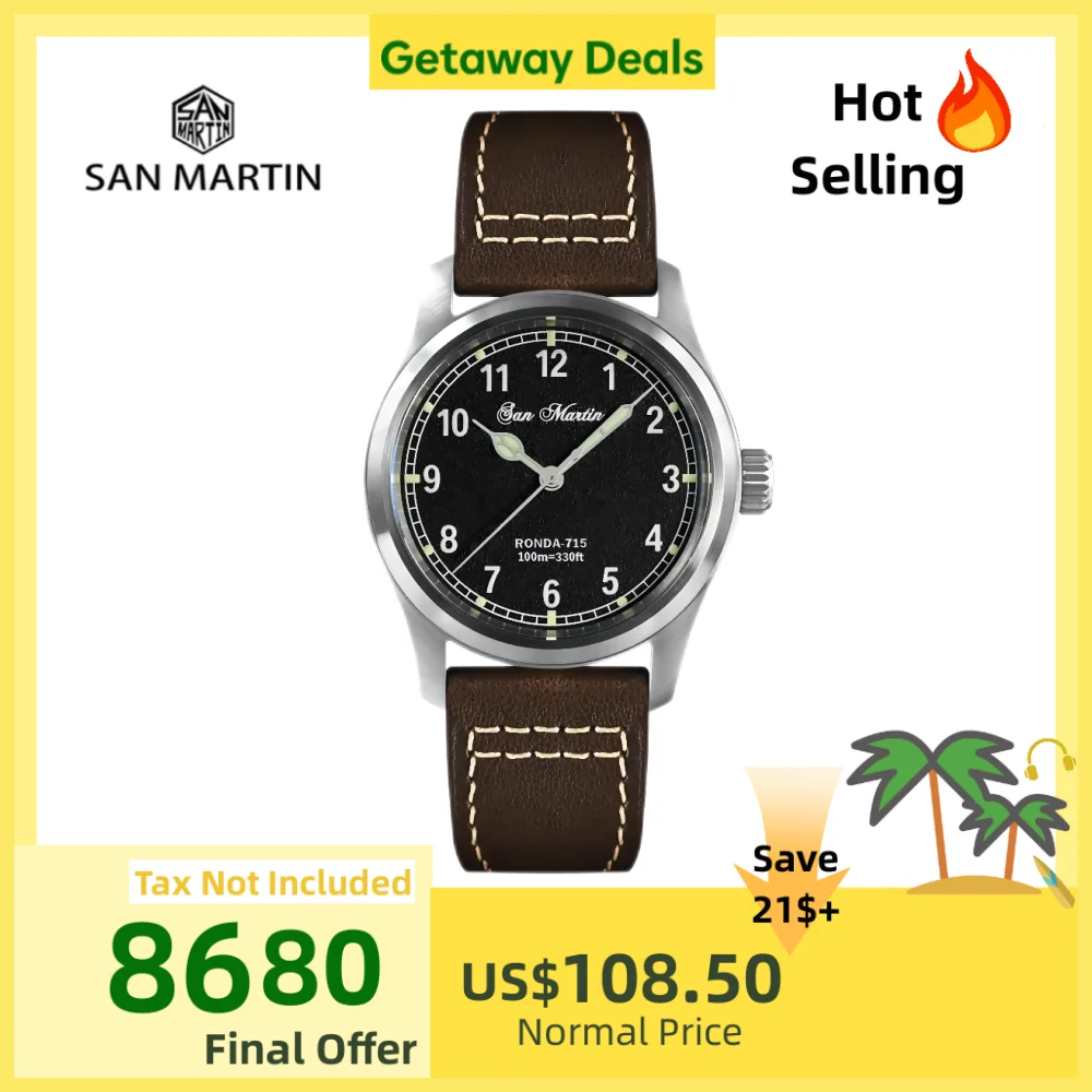 

San Martin 37 мм мужские кварцевые часы RONDA 6004/715 механизм простые модные 10 бар пилотные мужские наручные часы светящиеся SN0034A/C