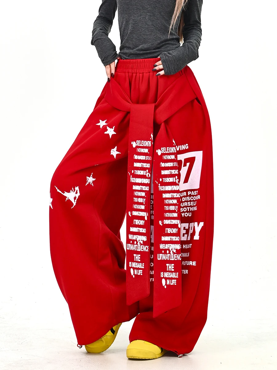 

Свободные женские повседневные брюки с завязками в виде звезд, удлиненные, в американском стиле, модные, брендовые, уличные, с широкими штанинами, на завязках на талии