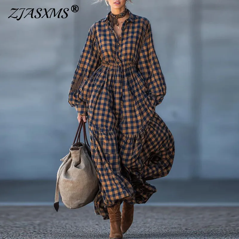 

Длинное платье-рубашка в клетку из Кореи 2026 года, свободного кроя, с воротником поло, на пуговицах, элегантное, осеннее, с длинным рукавом, с завышенной талией, макси-платье
