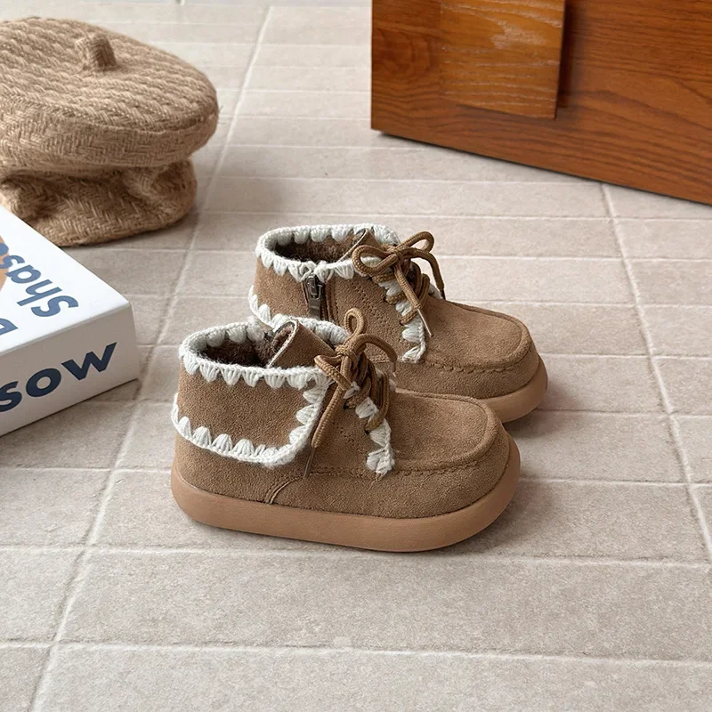 

2025 Winter New Girls' Ankle Boots Fleece Lined Warm Children's Cotton Shoes Retro Anti-slip Soft Sole Baby Kid's Snow Boots