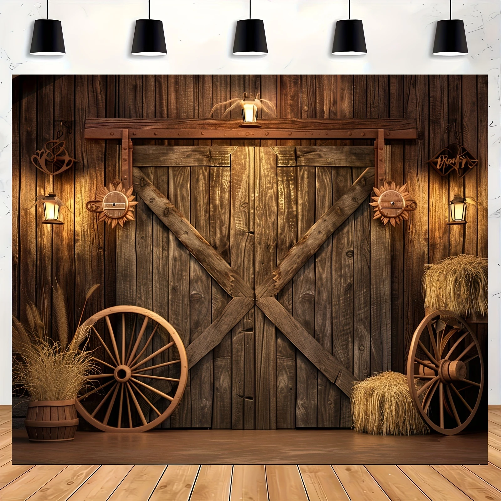 Western Cowboy-themed polyester background - vintage barn door and log cabin designs, party, and birthday decorations