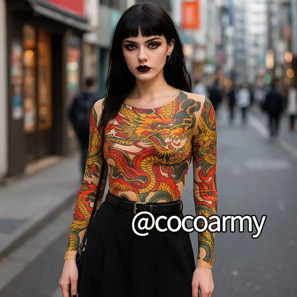 Gothic Tattoo Mesh Top Fit Women and Man,Dragon Buddha Print Nude Sheer Long Sleeve Punk Streetwear Slim Fit T-Shirt,summer tee