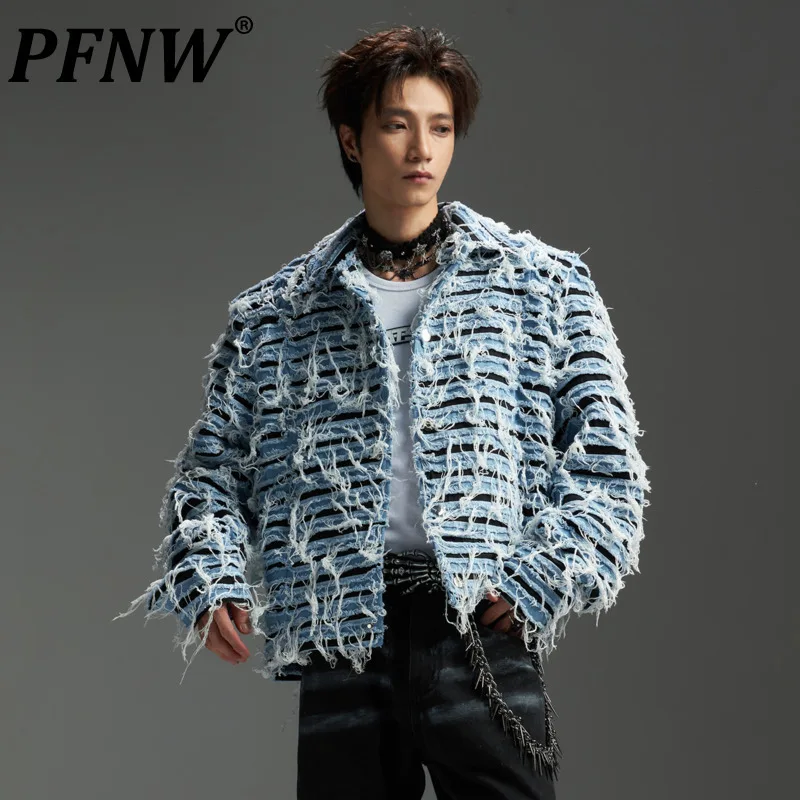 PFNW Men's Patchwork Modified Denim Jacket Autumn New Lapel Colorblock Spliced Loose Fit Short Coat Niche Tassel Top 28W5333