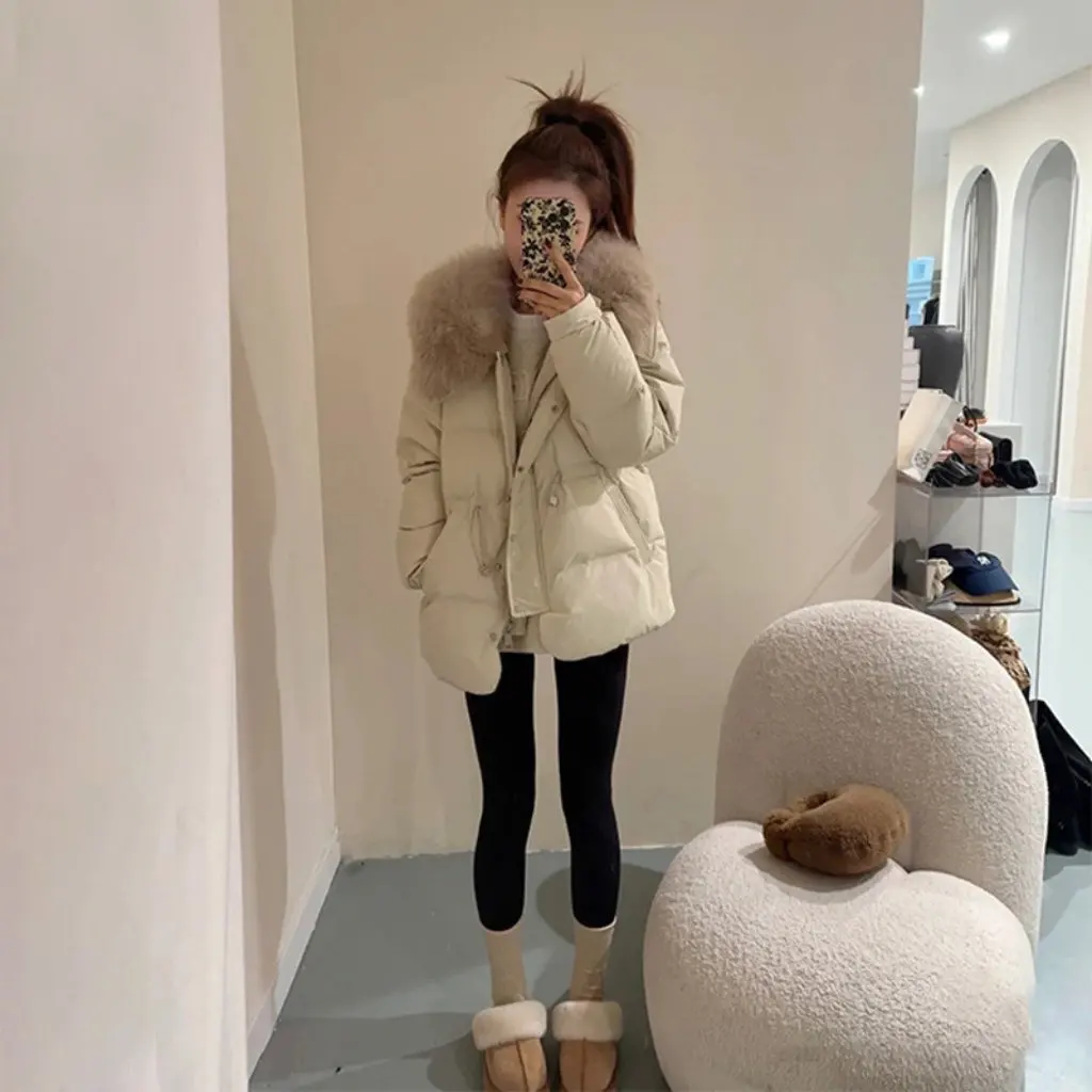 

Женское зимнее свободное универсальное пальто на хлопковой подкладке с меховым воротником, модная утолщенная теплая верхняя одежда небольшого кроя