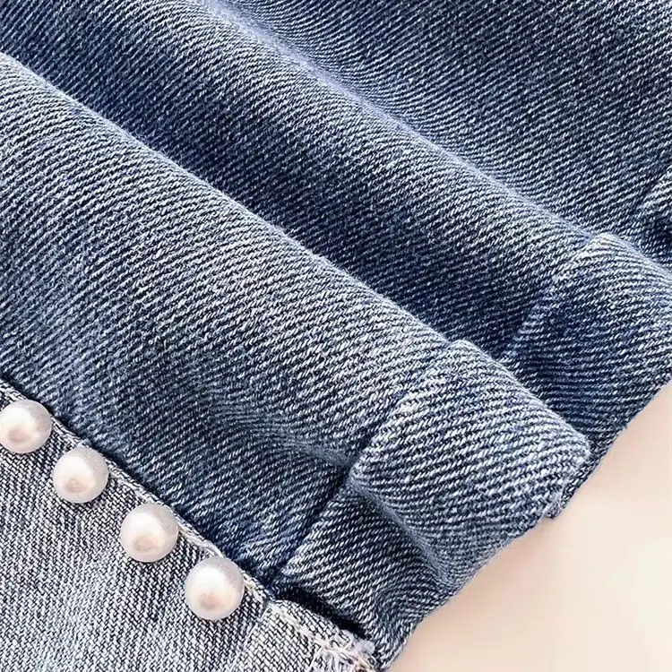 Mädchen Gestreiftes Oberteil mit Schleifenkragen + Perlen-Denim-Jeans 2-teiliges Outfit-Set Kinder Modekleidung Frühling Herbst 4-12 Jahre – Detail 5