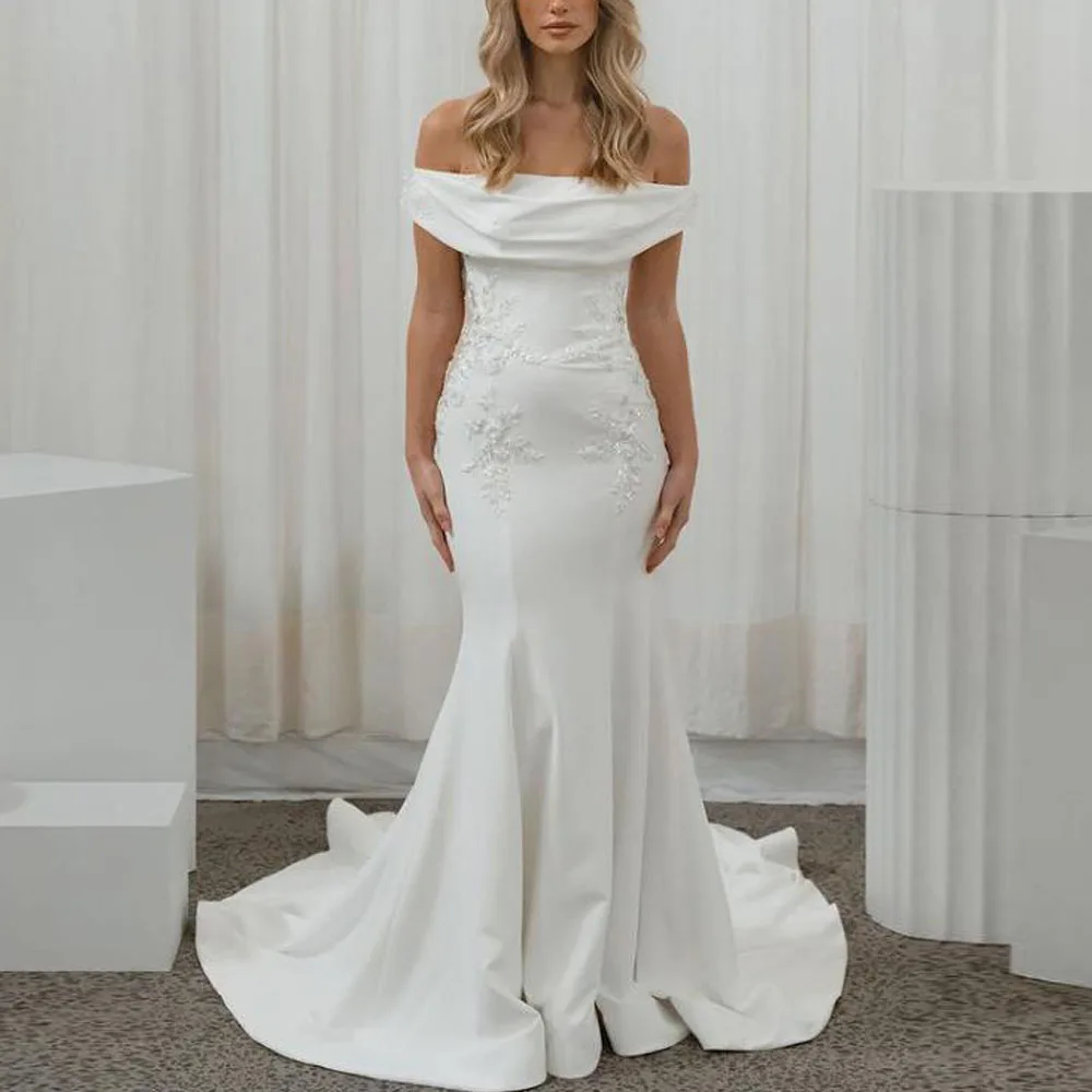 

Customized Off the Shoulder Wedding Dress Lace Appliques Mermaid Bride Gown White Satin Garden Vestidos de novia