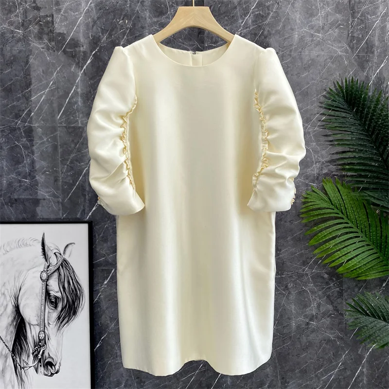

Unique Design White Bubble Sleeve Ruffle Hem Dress Women's Short Style Polyester Silk Blend A-Line Summer Dress