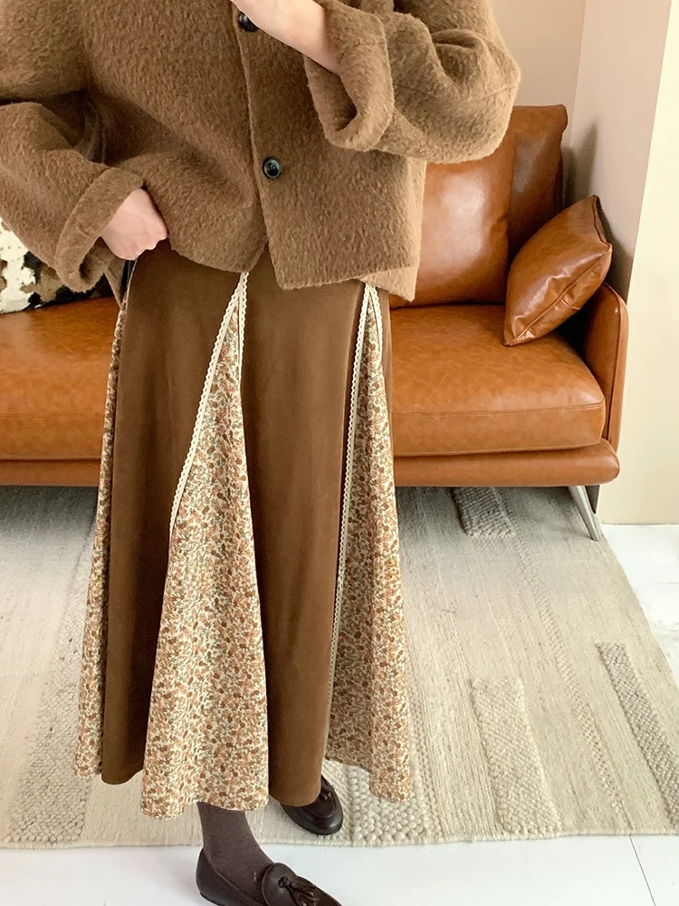 

Retro a Color Blo Accordion Pleat Lace Floral f Skirt Women's Spring Design Sense Skirts Cotton High Waist A-Line Lo...