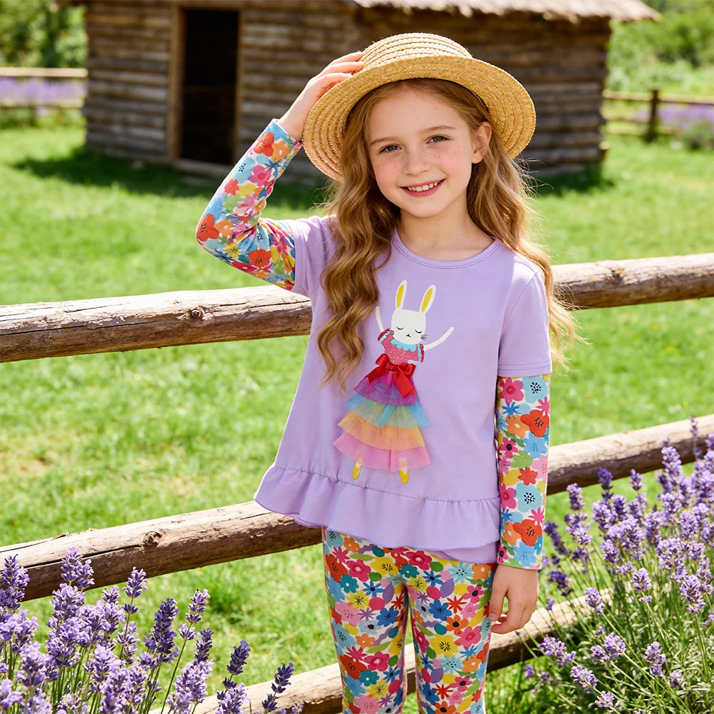 Mädchen 3D Hasen-Blumendruck Langarm Baumwoll-Freizeitshirt und Leggings 2-teiliges Outfit Kinder Lavendel Weiche Kleidungssets – Detail 5