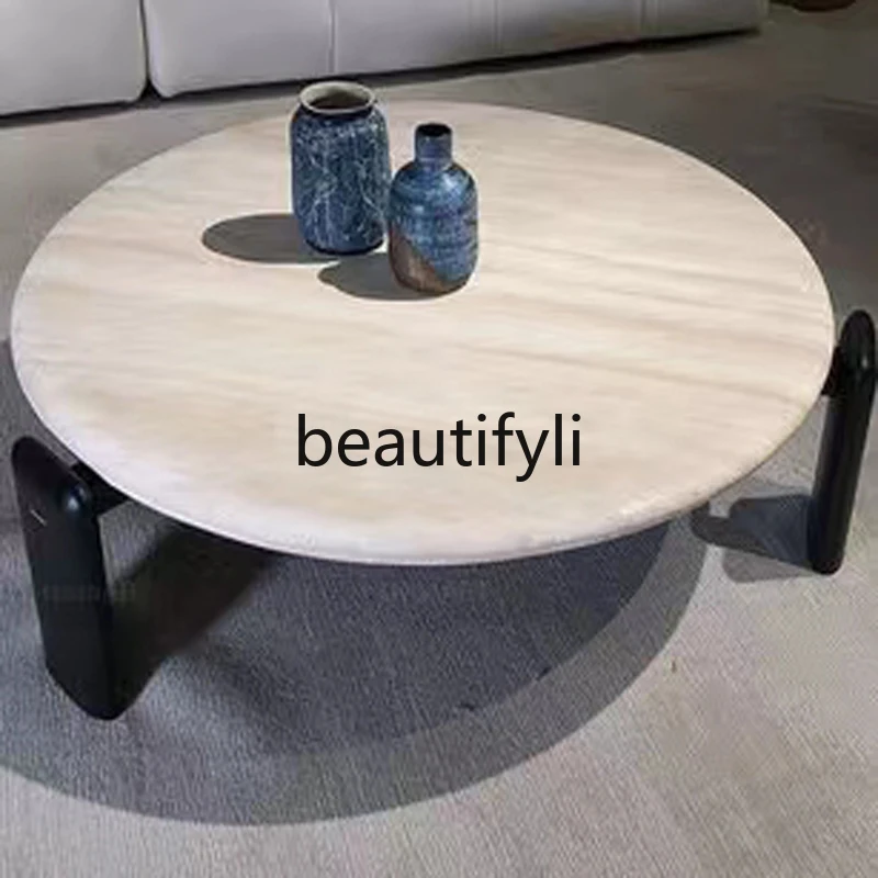 

Living room natural travertine round coffee table oak assembly Nordic simple creative small apartment living room tea table