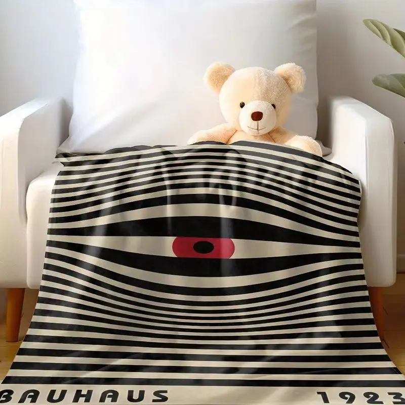 VIKAMA Bauhaus 1923 Eye Optical Stripe Flannel Throw Blanket Vintage Abstract Art Print Soft Lightweight Modern Decor Gift