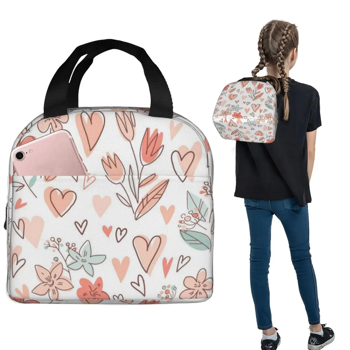 

Floral Flower And Love Lunch Bags Insulated Bento Box Portable Lunch Tote Resuable Cooler Thermal Bag for Woman Children Work