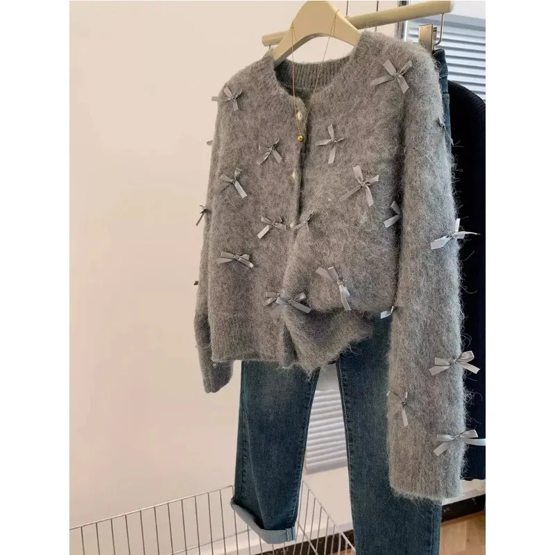 Fall/Winter 2024 Grey Bow Sweater Femininity High Soft Mohair Knit Cardigan Coat Casual Top