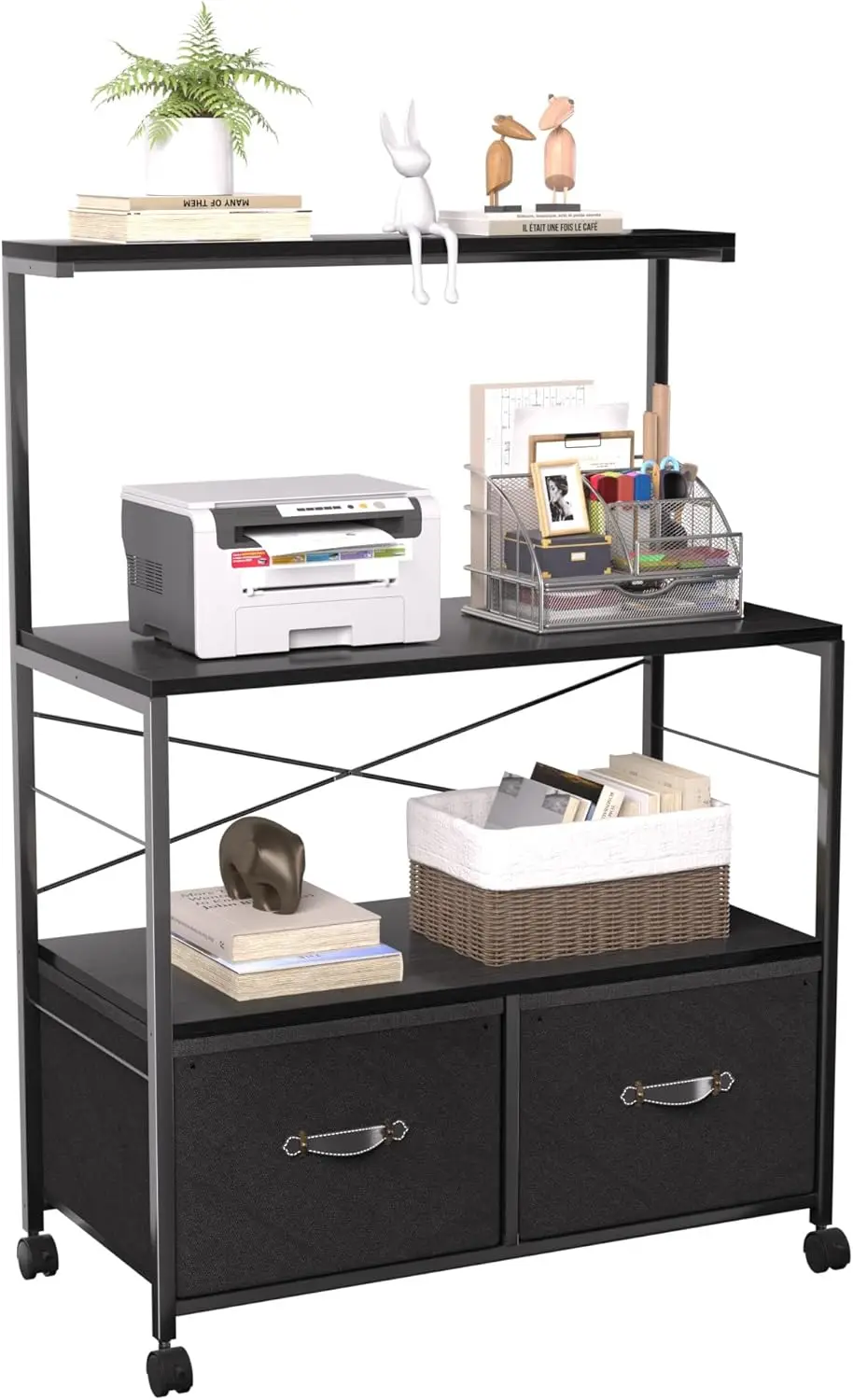 

Трехполочный шкаф для документов с двумя выдвижными ящиками и колесиками, большая подставка для принтера для домашнего офиса, черный