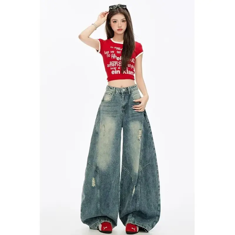 Women’s Fashion Jeans Cool Pants  American-Style Casual Vintage-Washed Jeans Loose Hip Hop Trousers Women Clothing 2026 New