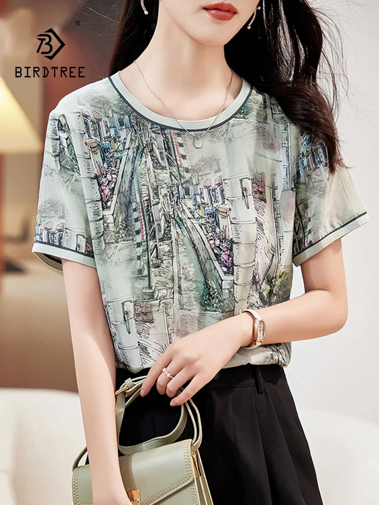 

BirdTree, 100%Real Silk Elegant T-Shirt, Women Short Sleeve Printed, Fashion Commute Versatile Mom Tops, 2024 Summer T46436QC