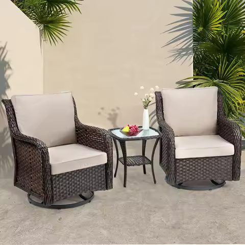 3-Piece Wicker Swivel Rocker Patio Set, 360° Swivel Rocking Chairs With Tempered Glass Side Table, Outdoor Bistro Furniture