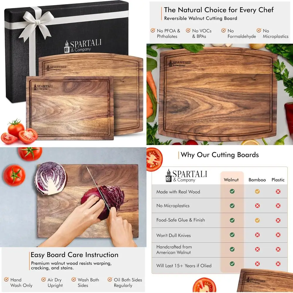 Tábuas de cortar de nogueira preta americana, conjunto de 2, 12x9 e 15x12, reversíveis com ranhuras de suco, presente de cozinha