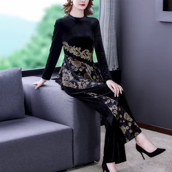 2023 New Silk Velvet Long Sleeve Top and Pants Two Piece Set for Women's Loose Large Print Retro Slim Wide Leg Pants Set