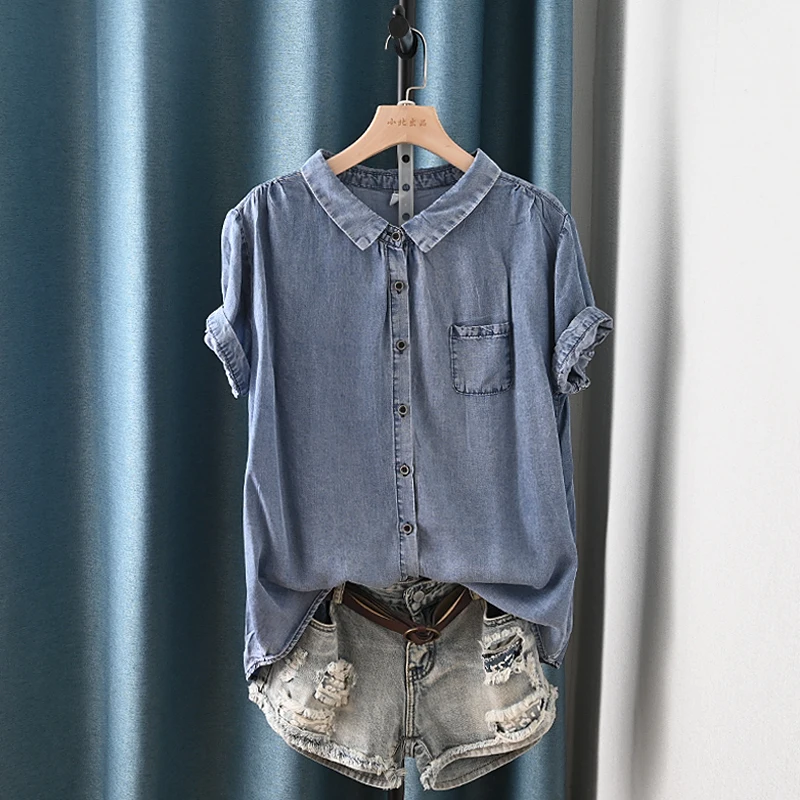 

Cotton Denim Women Shirts Summer Vintage 2024 Turn-Down Collar Pocket Female Outwear Coats Tops