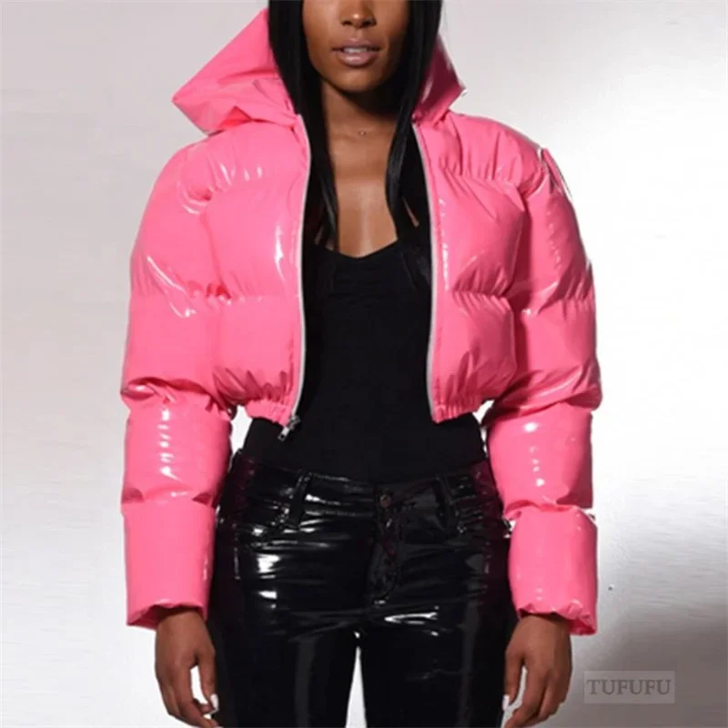 Fashion Cute Women Bright PU Pink Puffer Jacket Winter Warm Bubble Coats Shiny Leather Parkas Down Zipper Cropped Jackets Parkas