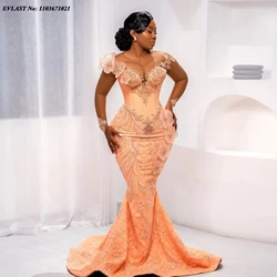 EVLAST Customized African Mermaid Prom Dress Luxury Beaded Lace Formal Party Dress Aso Ebi Style 3D Flowers Birthday Dress P181