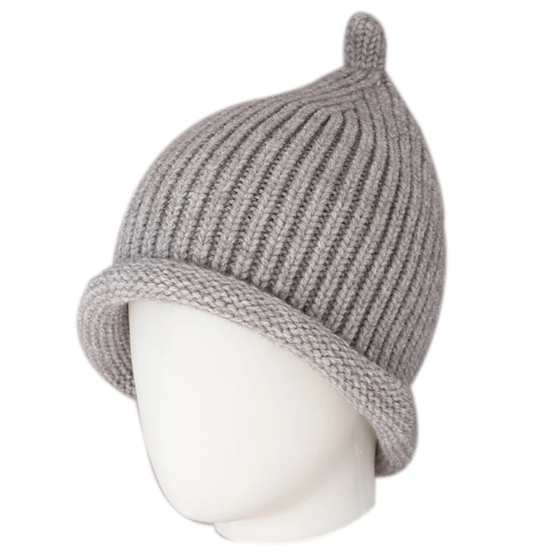 8 Colors Knitted Beanie Ribbed Texture Double Rib Stitch Rolled Brim Pointed Top with Pompom Winter Warm Stretchable Cuff Cap