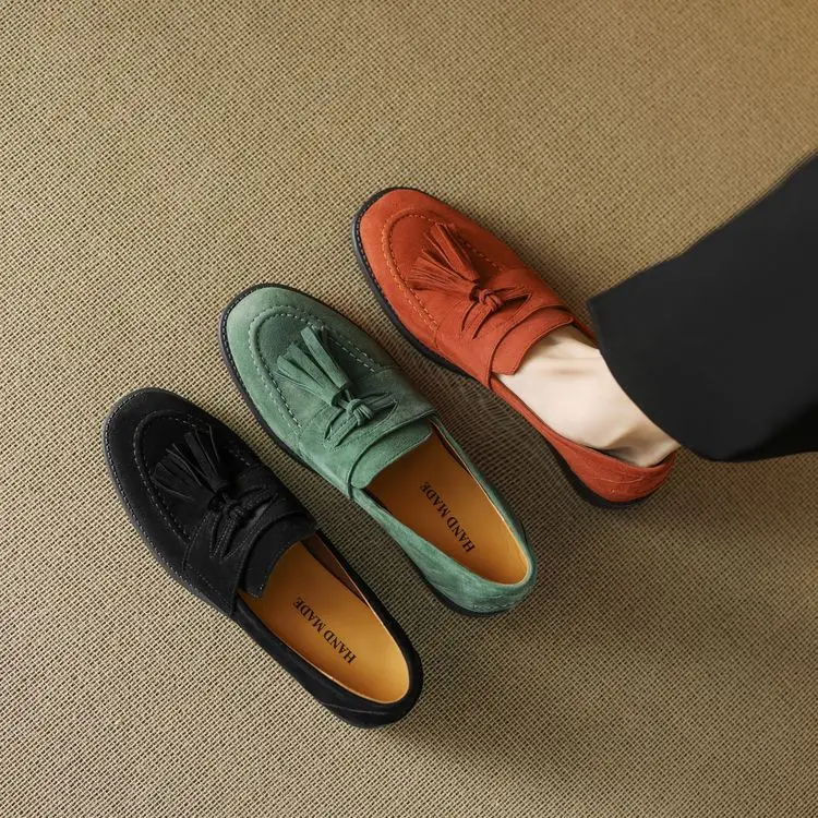 Women's loafers leather shoes Spring New Products Genuine leather sheepskin Nubuck Leather Black/Green/Orange Tassel decoration